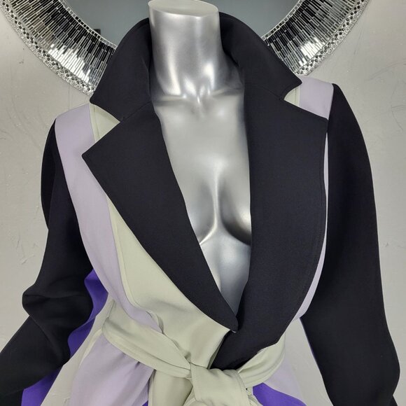 NWT~$695~TOCCIN~SZ S~STUNNING PURPLE BLACK BELTED COLORBLOCK TRENCH COAT JACKET - Picture 2 of 16